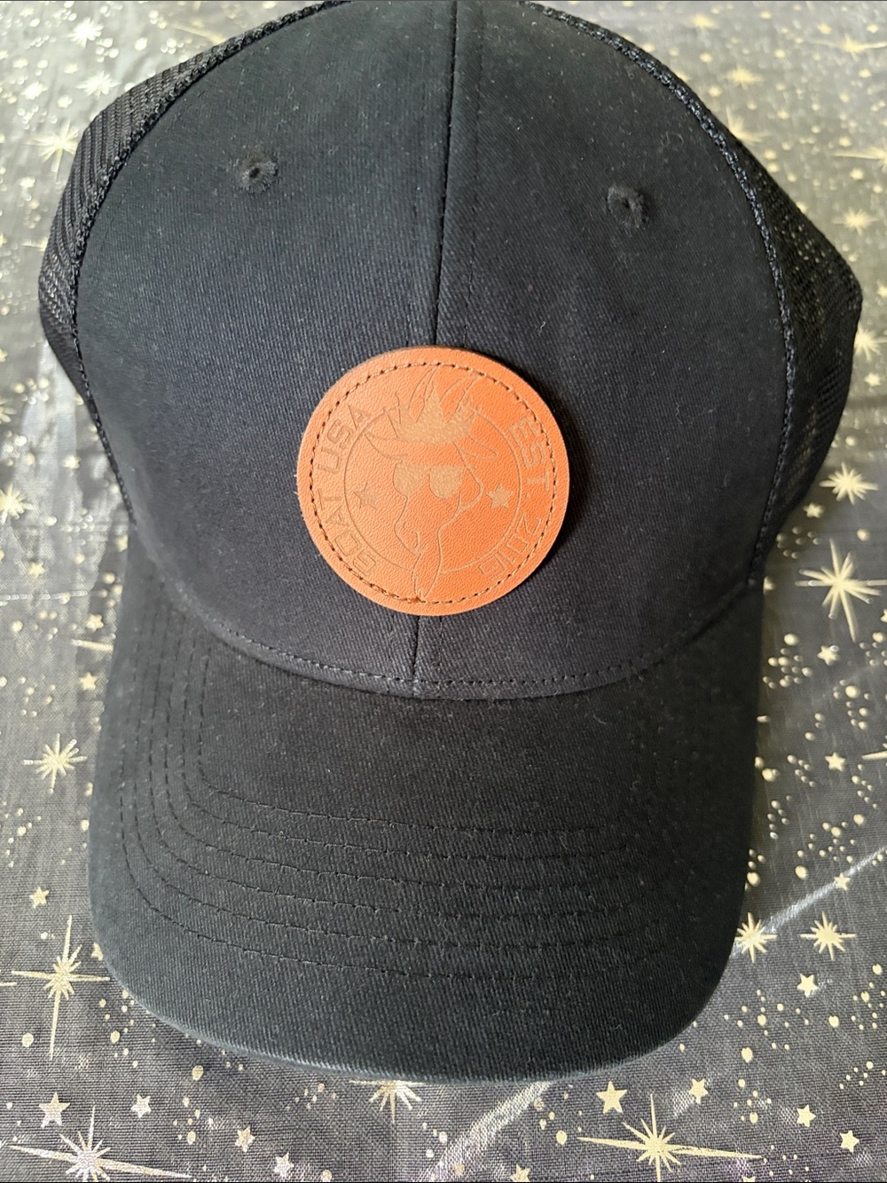Men's Black Trucker Hat with Brown Leather Patch